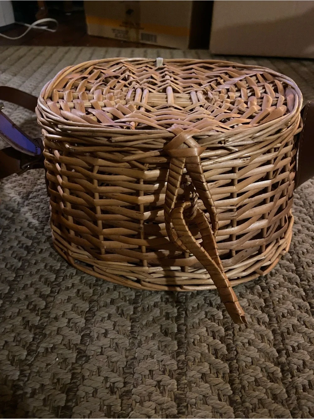 Woven Round Storage Baskets with Brown Leather Straps - Natural Brown